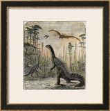 Dinosaurs of the Jurassic Period: a Stegosaurus with a Compsognathus in the Background Framed Giclee Print by A. Jobin