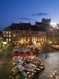 Elevated View Over the Square and Outdoor Restaurants and Cafes at Dusk, Warsaw, Poland Photographic Print by Gavin Hellier