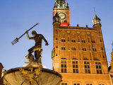 The Neptune Fountain and Town Hall Illuminated at Dusk, Dlugi Targ, Gdansk, Pomerania, Poland Photographic Print by Gavin Hellier