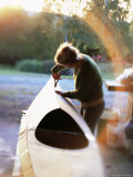 Boat Builder Working on a Stich and Glue Kayak, Washington State, USA Photographic Print by Aaron McCoy