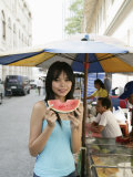 Thai Woman with a Slice of Water Melon, Bangkok,Thailand, Southeast Asia, Asia Photographie par Angelo Cavalli