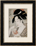 A Bust Portrait of the Courtesan Wakamurasaki of the Tsunotamaya Playing with Goldfish Stampa giclee con cornice di Chokosai Eisho