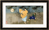 A Triptych of Fujiwara No Yasumasa Playing the Flute by Moonlight Estampe encadrée par Tsukioka Kinzaburo Yoshitoshi