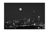 Chicago Skyline & Full Moon In Black & White Photographie par Steve Gadomski