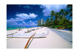 Beach Umbrellas and Outrigger Canoe Photographic Print by George Oze