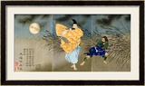 A Triptych of Fujiwara No Yasumasa Playing the Flute by Moonlight Stampa giclee con cornice di Tsukioka Kinzaburo Yoshitoshi