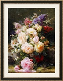 Still Life with Roses, Syringas and a Blue Tit on a Mossy Bank Estampe encadrée par Jean Baptiste Claude Robie