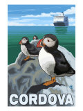Puffins & Cruise Ship, Cordova, Alaska Prints
