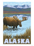 Moose Drinking at Lake, Anchorage, Alaska Prints