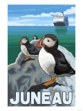Puffins & Cruise Ship, Juneau, Alaska Poster