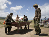 Playing Outdoor Pool at a Nomadic Market near Parked Motorcycles, Qinghai, China Photographic Print by David Evans