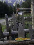 Traditional, Embroidered Shoe Insole Rests on Wooden Fence, Qilian Mountains, China Photographie par David Evans