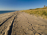 Tire Tracks and Footprints in the Sand Along a Beach by a Lighthouse, Block Island, Rhode Island Photographie par Todd Gipstein