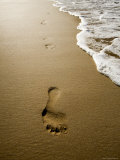 Waves About to Wash over Footprints in the Sand, Anaho Bay, French Polynesia Photographic Print by Tim Laman