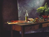 Still Life: Salmon, Olive Oil, Bread & Vegetables on Table Photographic Print by Amos Schliack