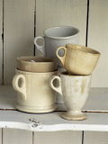 Various Light Coloured Cups on Wooden Shelf Photographic Print by Ellen Silverman