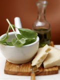 Still Life with Basil in Mortar, Parmesan and Olive Oil Photographic Print