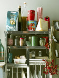 Various Foods and Utensils on Kitchen Shelf Unit Fotografisk trykk av Nikolai Buroh