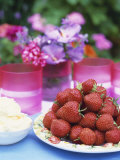 Fresh Strawberries and Whipped Cream on a Garden Table Photographic Print by Linda Burgess