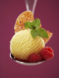 A Scoop of Vanilla Ice Cream with Hot Raspberries on a Spoon Photographic Print by Marc O. Finley