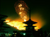 Pagodas of Yakushi-Ji Temple on Wakakusa Yama During Yama-Yaki (Fire Festival), Nara, Japan Photographic Print