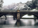 Nijubashi and the Inner Moat of Imperial Palace in Snow, Tokyo, Japan Photographic Print