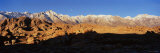 Rock Formations on a Mountain Range, Moonset over Mt Whitney, Lone Pine, California, USA Photographic Print by Panoramic Images