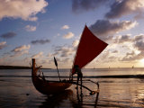 Kuta Beach, Outrigger Boat and Boatman, Sunset, Bali, Indonesia Photographic Print by Steve Vidler