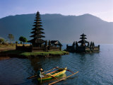 Lake Bratan, Pura Ulun Danu Bratan Temple and Boatman, Bali, Indonesia Photographic Print by Steve Vidler