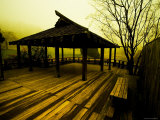 Japanese Gazebo on Deck overlooking Water and Hills Photographic Print by Jan Lakey