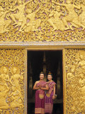 Two Woman at Temple Doorway, Luang Prabang, Laos Photographic Print by Peter Adams