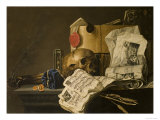 Vanitas Still Life with Skull, Papers, A Wax Seal and a Burning Log Reproduction procédé giclée par N. L. Peschier