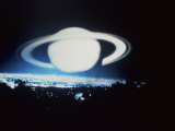 Planet, with Rings, Over City and Trees at Night Photographie par Arnie Rosner