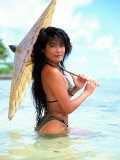 Woman in Bikini Holding Parasol Photographic Print by Rob Garbarini