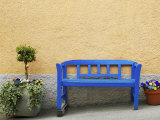 Blue Park Bench Outside Building Photographic Print