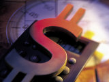 Calculator, Clock, and Dollar Sign Lámina fotográfica por Eric Kamp