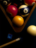 Billiard Balls, Chalk, Cue, and Rack on Table Felt Photographic Print by Ernie Friedlander