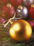 Gold Christmas Ornament with White Ribbon Photographic Print by Ellen Kamp