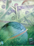 Globe with Money, Bills and Circuit Board Photographie par Guy Crittenden