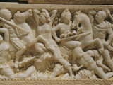 Marble Sarcophagus Depicting Greeks and Amazons, Found at Tell Barak Near Caesarea Photographic Print by Maynard Owen Williams