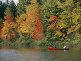 Father and Son Fish from a Canoe Amid the Autumn Foliage Photographic Print
