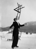Head Waiter Rene Breguet Balancing Chair on Chin at Ice Rink of Grand Hotel Photographie par Alfred Eisenstaedt
