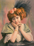 Mlle. Lantelme of Theatre Rejane in Lace Trimmed Celadon Day Dress with Roses and Feathers in Hair Premium fotografisk trykk av Paul Boyer