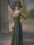 Blue Beaded Chiffon Dinner Dress and Matching Feather Hat Designed by Jeanne Lanvin Premium Photographic Print by Henri Manuel