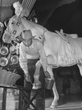 Groom Putting Silver Paint on Horse's Hooves During Filming of the Movie "The Ziegfeld Follies" Premium Photographic Print by John Florea