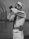 Coast Guard Patrolling Mississippi River Opposite East Saint Louis Power Plant Premium Photographic Print by Alfred Eisenstaedt