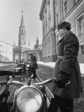 Kremlin Motorcycle Police Escort Waiting For Harold Macmillan Visiting Khrushchev Premium Photographic Print by Howard Sochurek