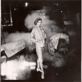 French Fashion Model Simone Bodin Posing at Tannery in Leather Suit Printed in Small Neat Design Photographie par Gordon Parks