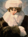 Woman Modeling Fur Coat with Collar and Cuffs Matching Pale Fur Hat, For Riding in Automobile Premium Photographic Print by Reutlinger 