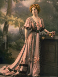 Mlle. Feylne Modeling a Pink Chiffon Robe de Diner with Brown Trim Designed by Drecoll Premium Photographic Print by Reutlinger 